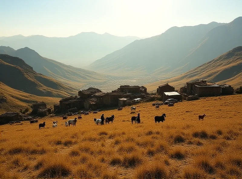 A landscape photo of Lesotho, showcasing its mountainous terrain and rural villages.