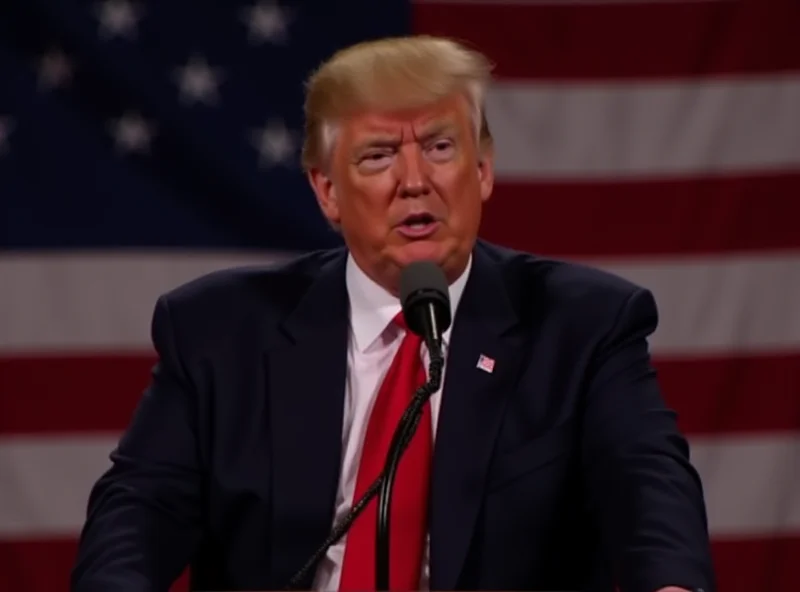 Donald Trump speaking at a podium with an American flag in the background