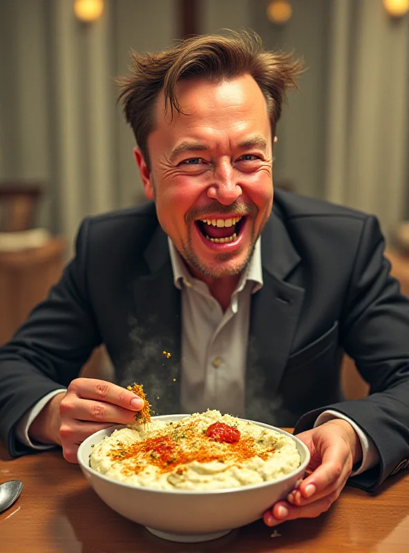 A stylized depiction of Elon Musk eating hummus in an AI-generated image