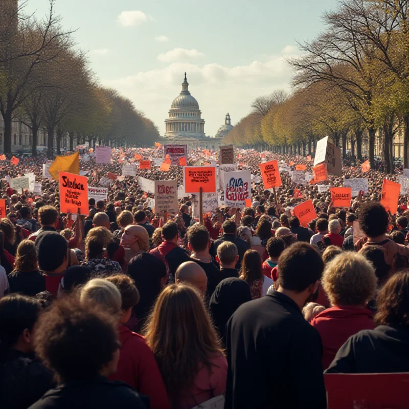 A crowd of protestors holding signs in a public square, digitally enhanced.