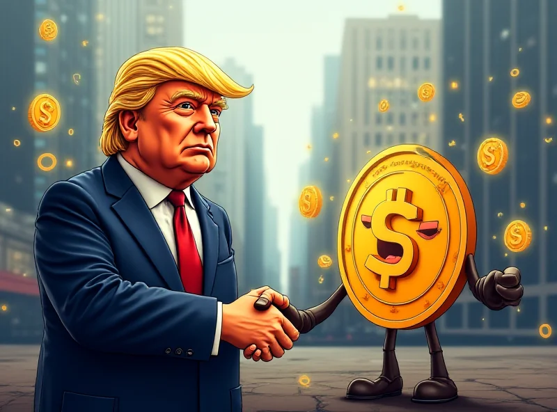 Illustration of Donald Trump shaking hands with a digital coin character, with dollar signs in the background