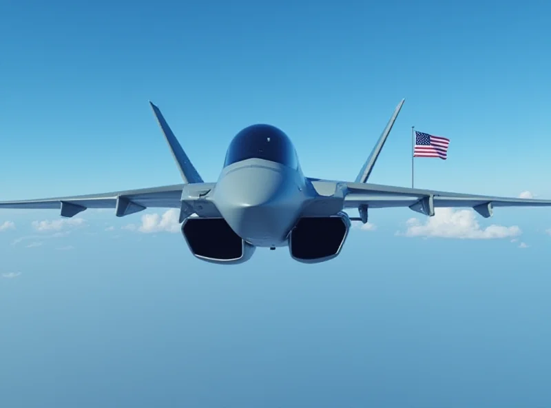 A sleek, futuristic unmanned fighter jet soaring through the sky, with a faint American flag in the background