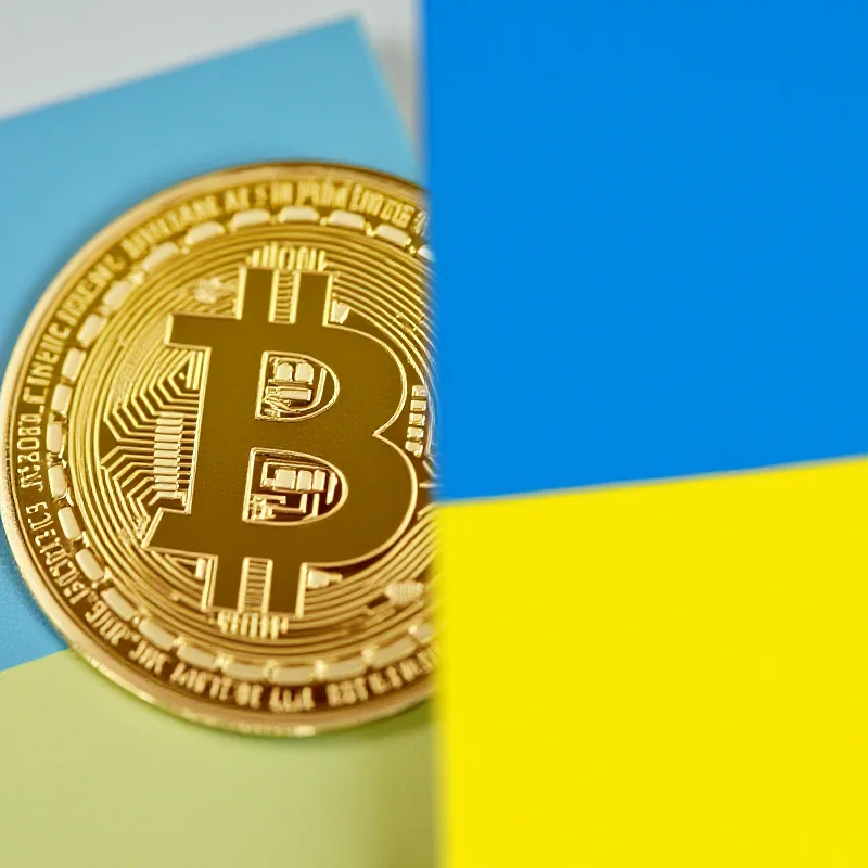 A split image showing a cryptocurrency symbol on one side and a Ukrainian flag on the other, representing the two main topics of the article