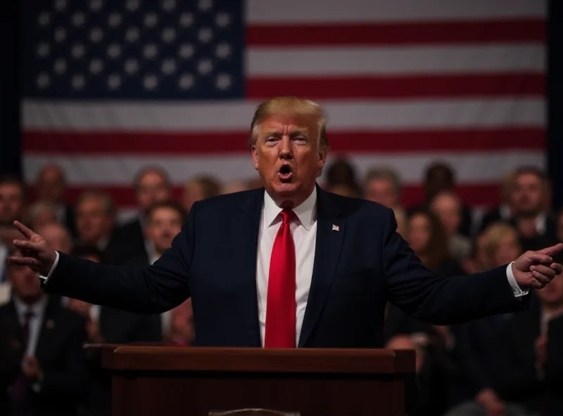 Donald Trump delivering a speech at a podium with the American flag in the background.