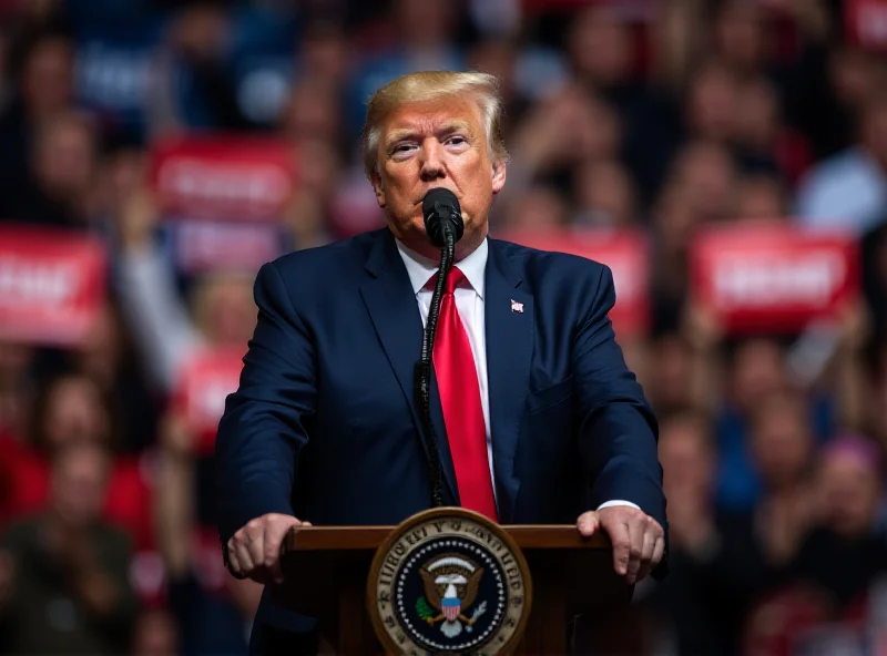 President Trump addressing a crowd at a rally with American flags in the background.