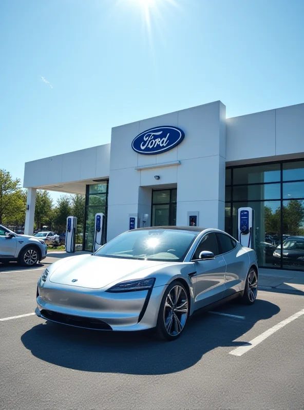 A sleek, modern electric car parked in front of a Ford dealership with charging stations visible.