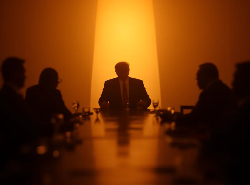 Illustration of a lavish dinner setting with silhouettes of business people and Donald Trump at the head of the table.