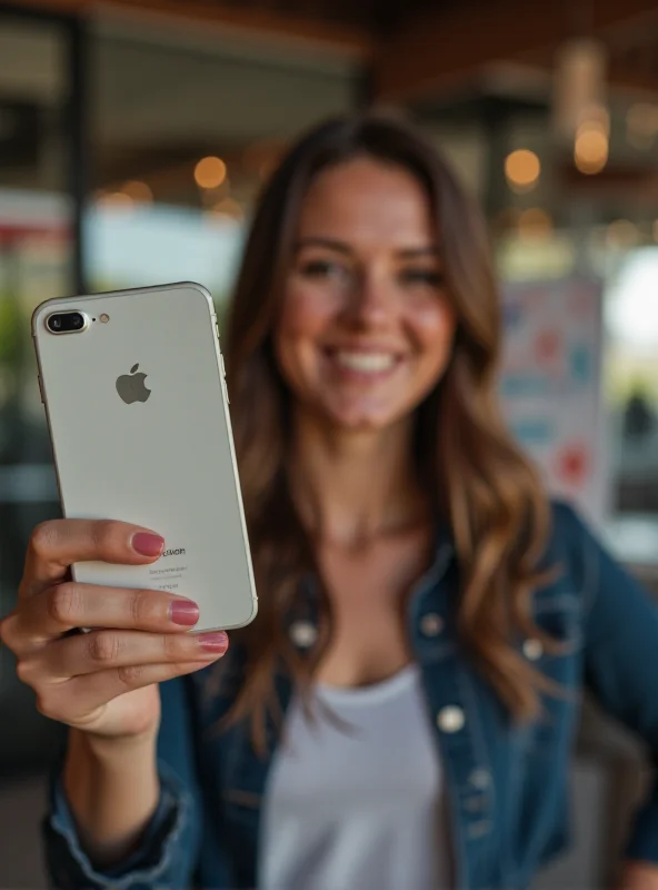 A person happily holding up a new iPhone with a Visible logo subtly displayed in the background.