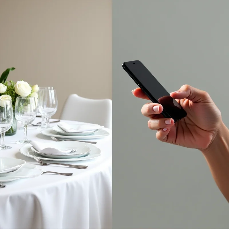 A split image showing a fancy table setting on one side and a person using a smartphone on the other, representing the contrast between high-end exclusivity and budget-friendly technology.