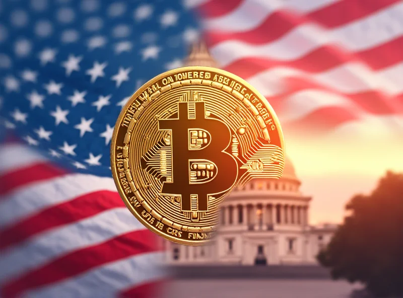 Illustration of a bitcoin coin with the US flag draped over it.