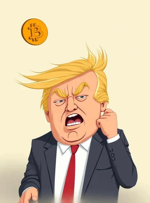 Cartoon of Donald Trump looking angry, with a bitcoin and a DOGE coin floating nearby.