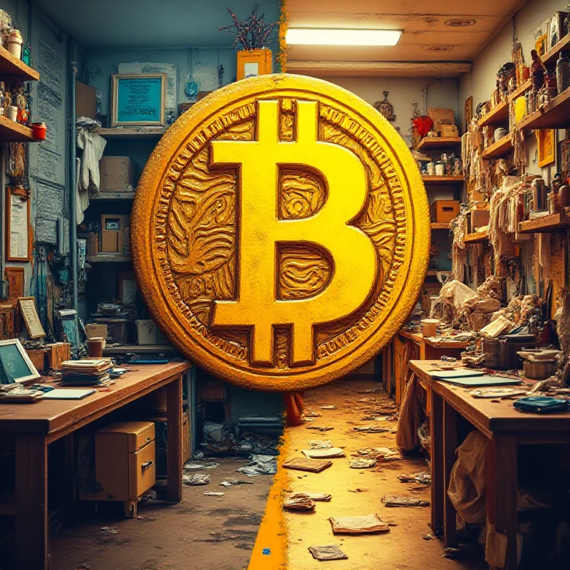 A split image showing a chaotic office space on one side and a bitcoin symbol on the other.