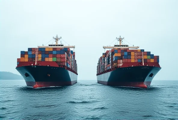 Two cargo ships passing each other at sea with containers visible.