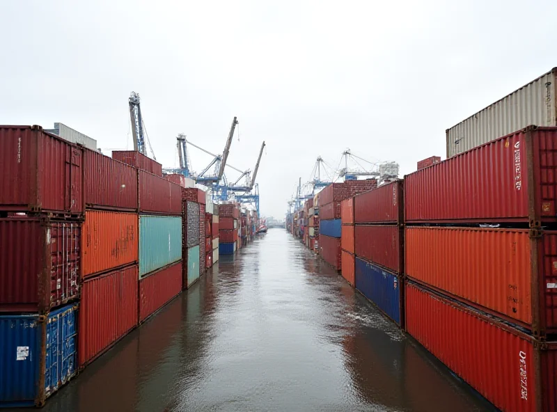 Image of shipping containers at a port, symbolizing international trade.