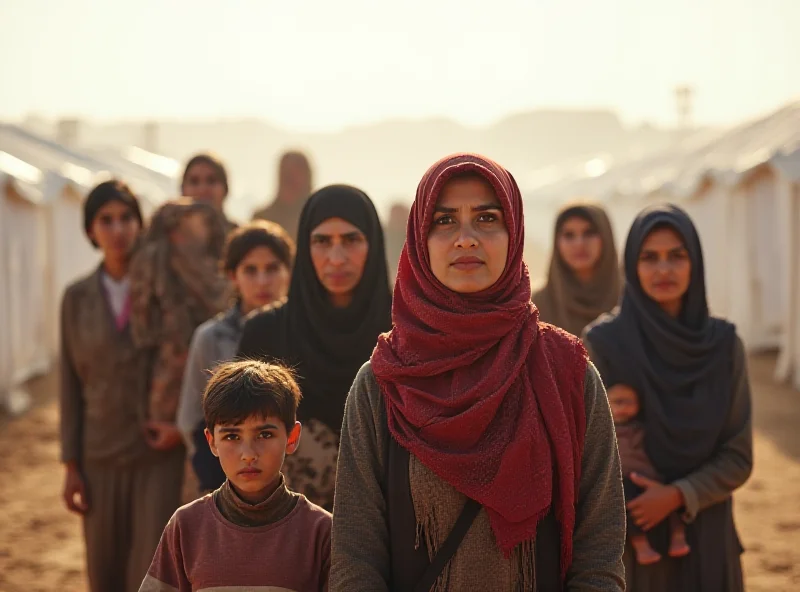 A group of Syrian refugees in a camp, looking distressed and hopeful. The background is a blurred landscape of tents and barren land.