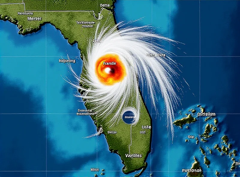 A weather map showing a severe hurricane approaching the coastline of Florida. The map is filled with swirling colors indicating high wind speeds and heavy rainfall.