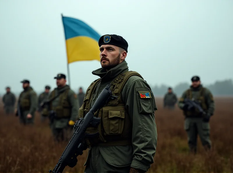 Image of Ukrainian soldiers in a field, looking determined, with a Ukrainian flag waving in the background.