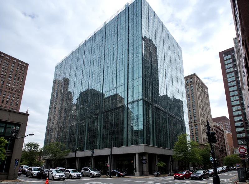 A photograph of the John F. Kennedy Federal Building in Boston, Massachusetts, showing its modern architectural style and surrounding city landscape.