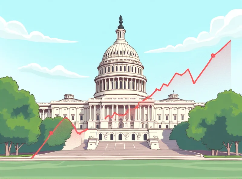 Illustration of the US Capitol building with a graph showing the national debt rising sharply.