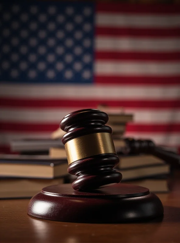 A gavel striking down on a stack of law books in front of the US flag.