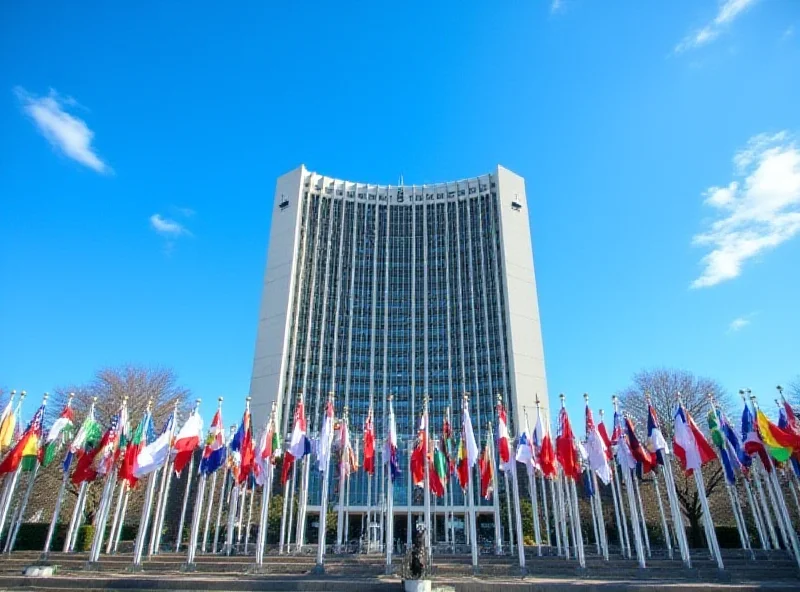 The United Nations building in New York City, with flags of various nations displayed prominently.