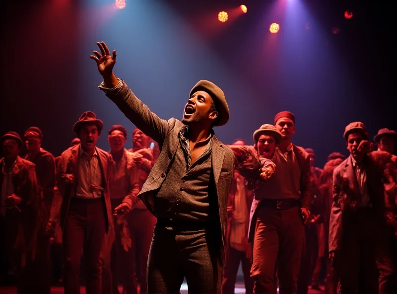 A stage with actors performing in the Broadway musical Hamilton, dramatic lighting.