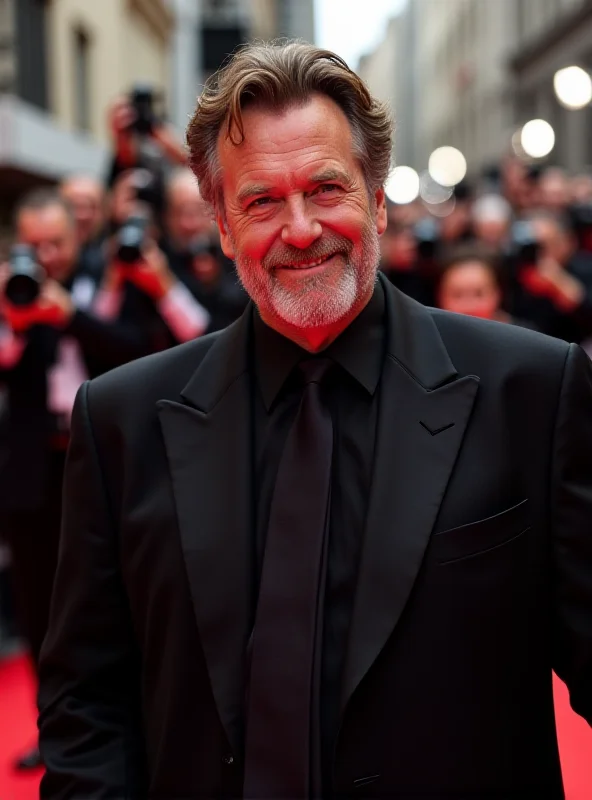 Mel Gibson on a red carpet, smiling slightly, with photographers flashing their cameras.