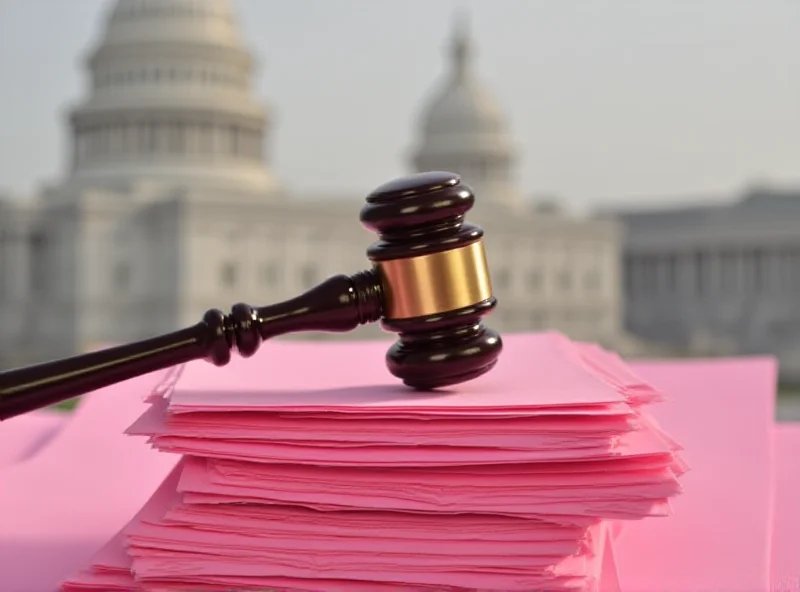 Illustration of a gavel striking down a stack of pink slips, symbolizing the blocked mass firings.