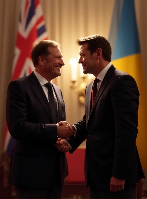 A digital painting depicting Keir Starmer and Volodymyr Zelensky shaking hands in a formal setting, with the flags of the UK and Ukraine subtly displayed in the background.