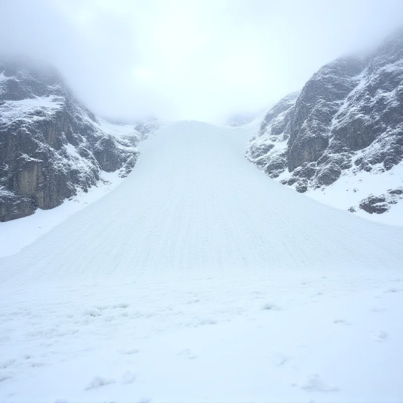 A dramatic mountain landscape covered in snow with visible signs of avalanche activity.