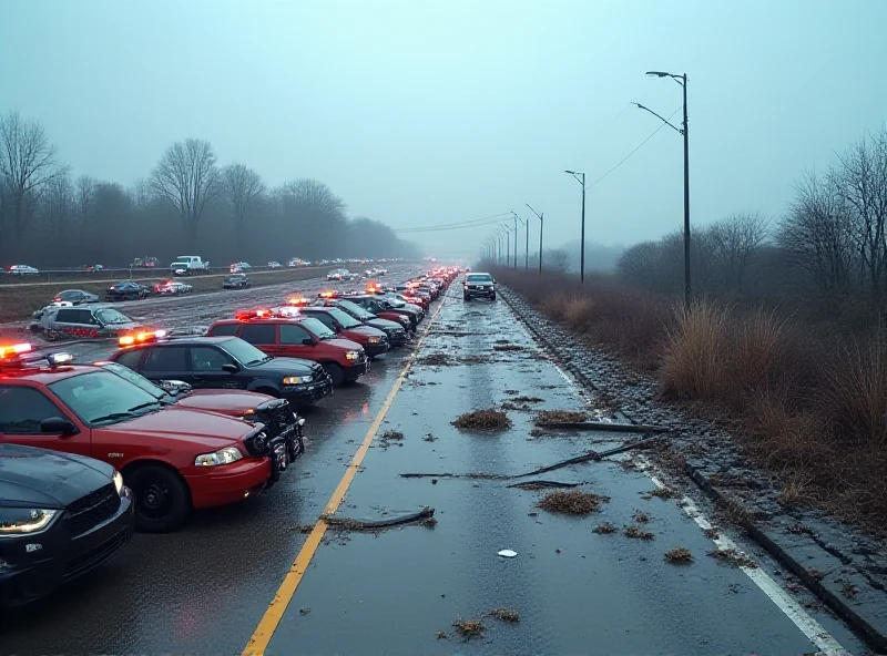 A collapsed highway bridge with emergency vehicles on the scene.