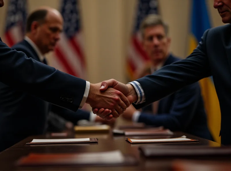 Image of a handshake between US and Ukrainian officials during a minerals deal signing ceremony.