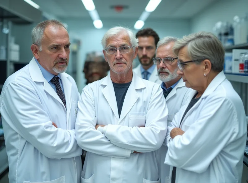 Image of scientists in a lab looking concerned about budget cuts.