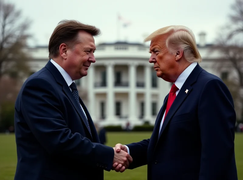 Image of Elon Musk and Donald Trump shaking hands, with a stylized Doge logo subtly incorporated in the background.