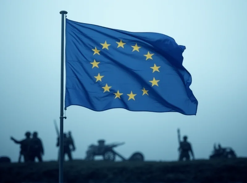 European Union flag with military silhouettes in the background