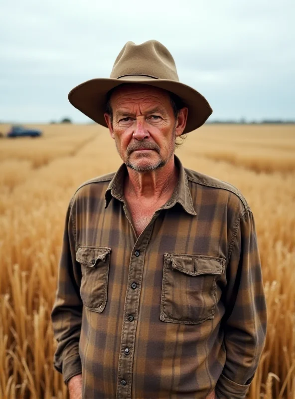 Image of a farmer standing in a wheat field, looking concerned