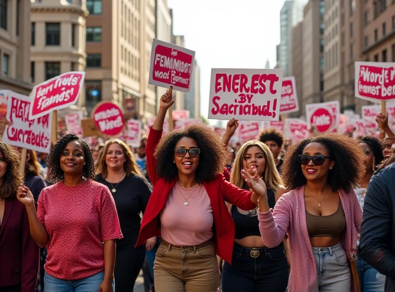 A diverse group of people marching in a protest, holding signs with feminist slogans and anti-Trump messages, expressing their discontent with the current political climate.