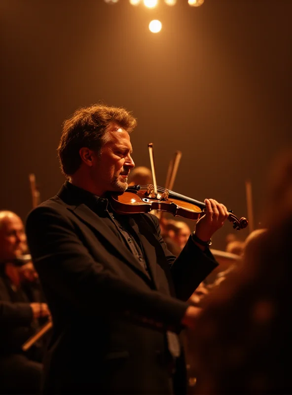 A close-up portrait of Christian Tetzlaff playing the violin intensely during a concert, bathed in warm stage lighting, expressing passion and dedication through his music.