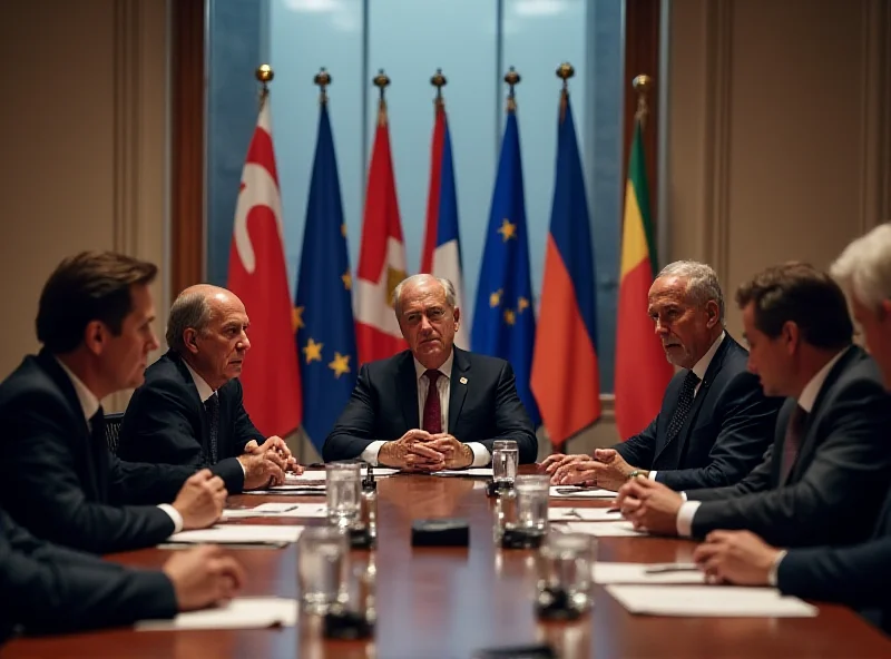 A group of European leaders sitting around a conference table in Brussels, looking serious and concerned, discussing political strategies and international relations, with flags of various European nations visible in the background.