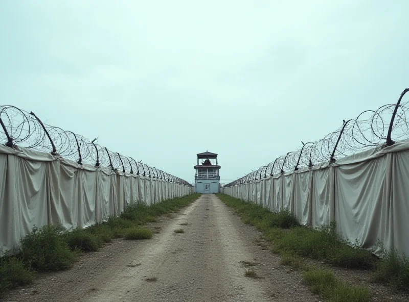 Image of a tent camp at Guantanamo Bay, with a barbed wire fence in the foreground and a watchtower in the background.