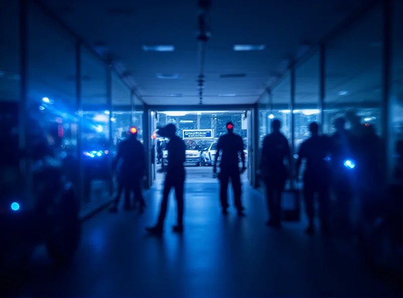 Image of a jet bridge at an airport with flashing blue lights from police vehicles.