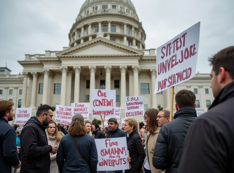 A group of concerned workers standing outside a government building, holding signs protesting layoffs. The atmosphere is tense and uncertain.