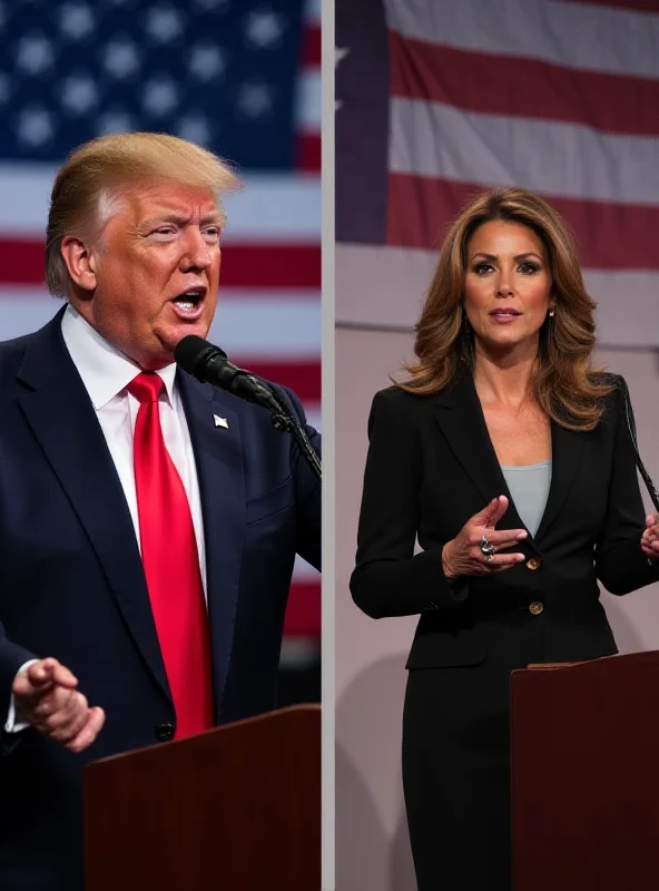 A split image. On one side, Donald Trump giving a speech at a podium with the US flag behind him. On the other side, Elissa Slotkin giving a speech at a podium with the US flag behind her.