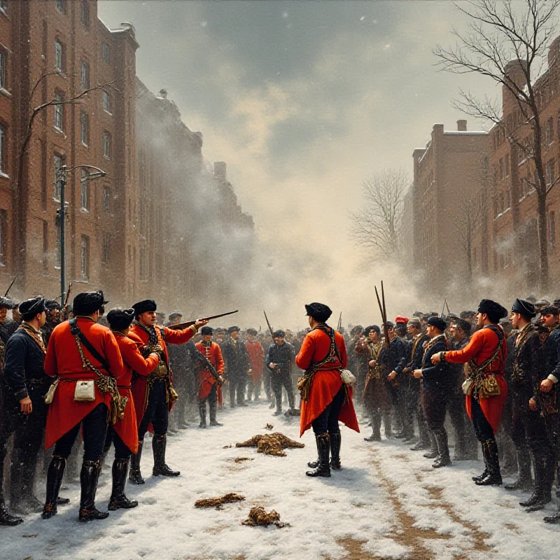 A dramatic painting depicting the Boston Massacre. British soldiers are firing into a crowd of colonists in a snowy street. Smoke and chaos fill the scene.