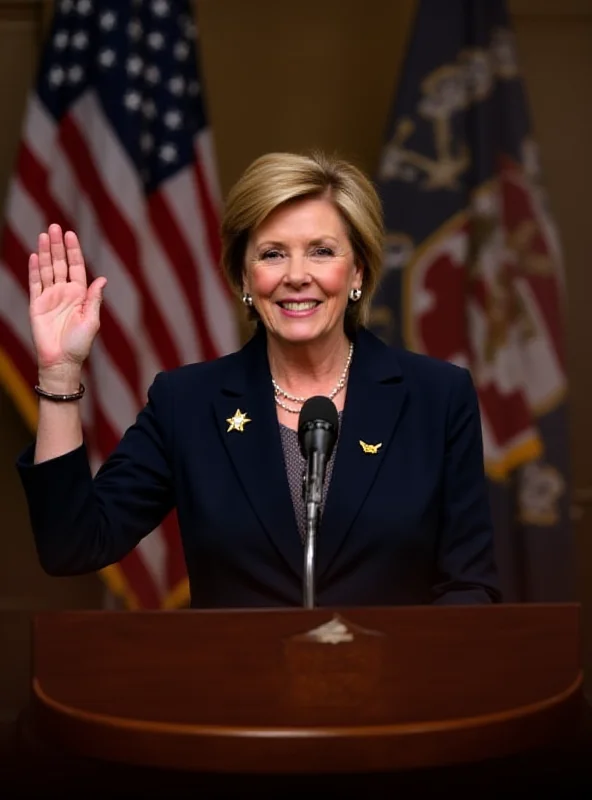 Linda McMahon at a podium, being sworn in as Secretary of Education.