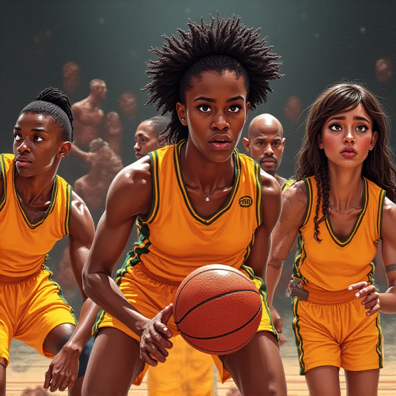 Illustration of a basketball game with a mix of male and female players, highlighting the debate over transgender athletes.