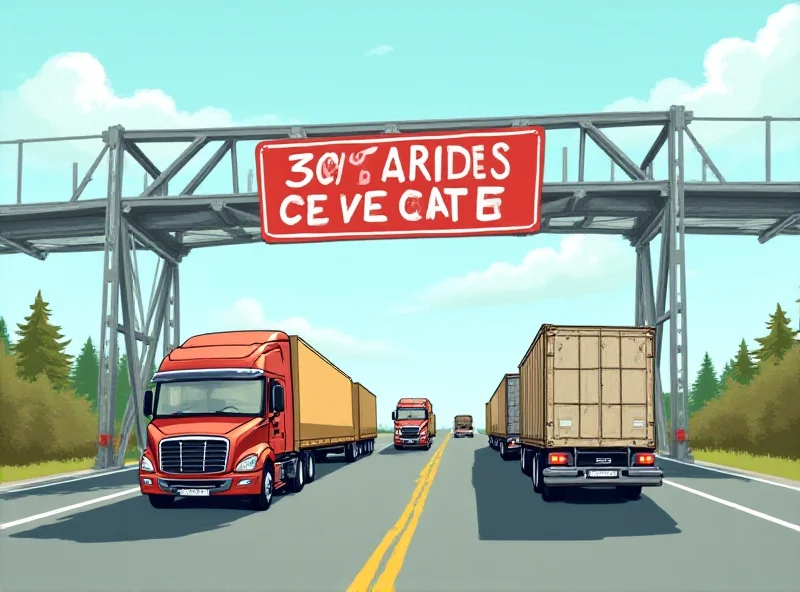 Illustration of a border crossing between the US and Canada with a 25% tariff sign.