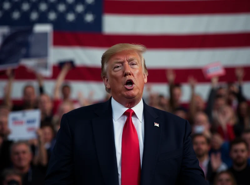 Donald Trump speaking at a rally with an American flag in the background.