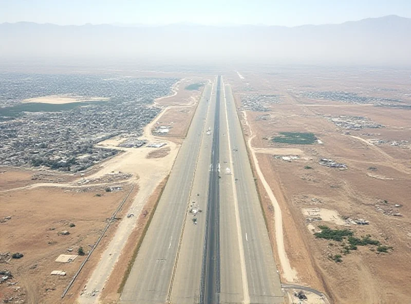 Aerial view of the Bagram Airbase in Afghanistan with military aircraft visible on the runway.