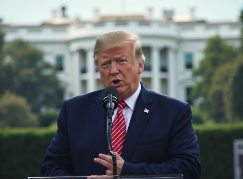 Donald Trump speaking at a podium with the White House in the background.